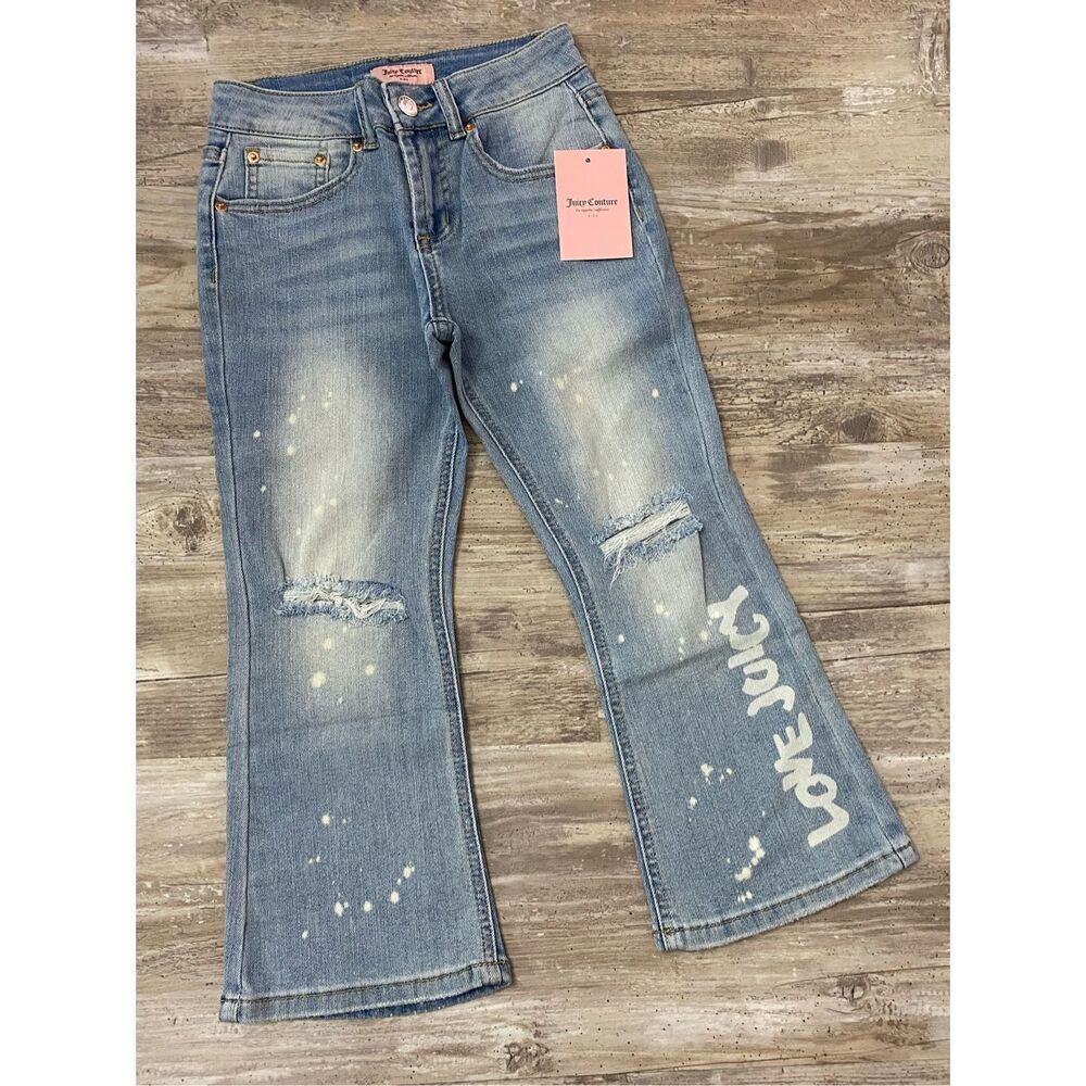 Juicy Couture Kids Kick Flare Jeans Mid Rise Crop Denim Distressed Girls Sz 8
